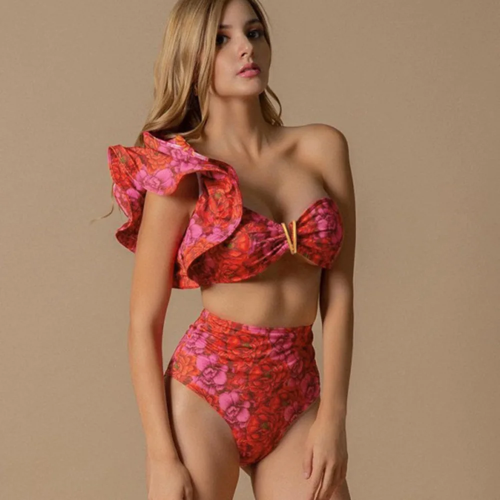 

One Shoulder Ruffles Shoulder One-Piece Suits Ref Floral Print Swimming Suit for Women Bathing Suit 2022 New Sexy Bathing Suit