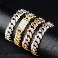 14mm miami locks cuba link gold rose gold color bracelet ice out cubic zircon sparkling hip hop male jewelry 2021