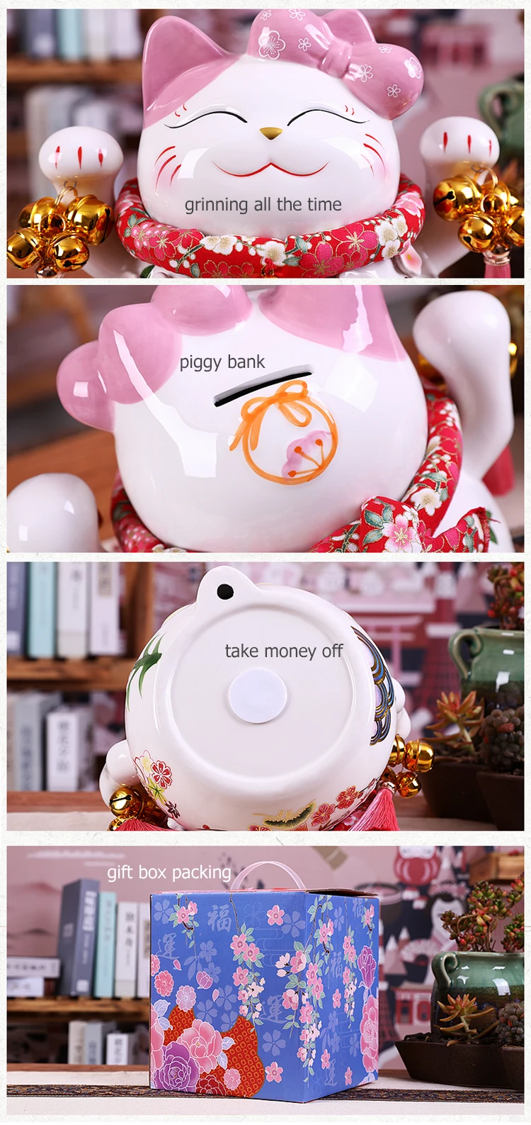 Мультяшная Статуэтка Maneki Neko Oranment, керамическая фигурка счастливого кота, розовый галстук-бабочка, статуя кота Фортуны, Домашняя Декоративная копилка, копилка