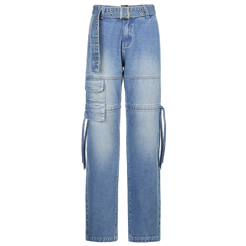

Weekeep Korean Style Straight Jeans Women Waist Sashes Vintage Wide Leg Pants Punk Streetwear Blue Cotton Slim Denim Trouser 90s