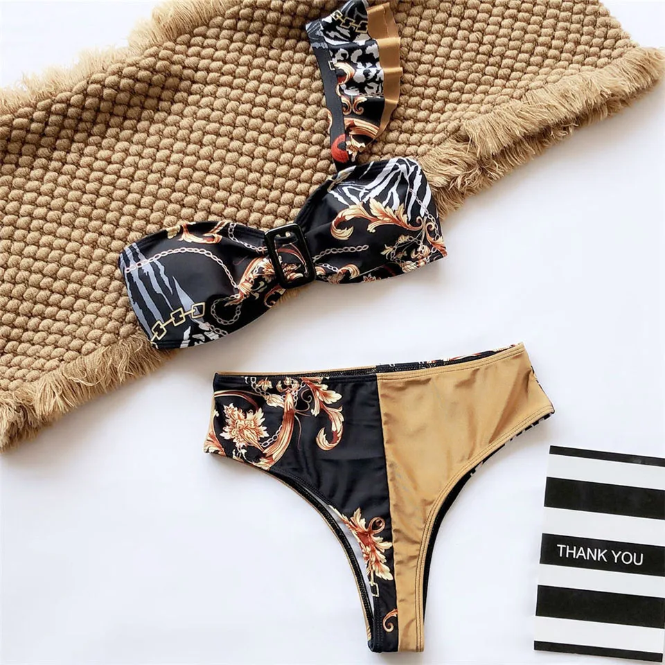 

Print Retro Swimwear women One Shoulder Bikini 2020 High Waist Swimsuit Ruffles Patchwork bathing suit Vintage Biuini