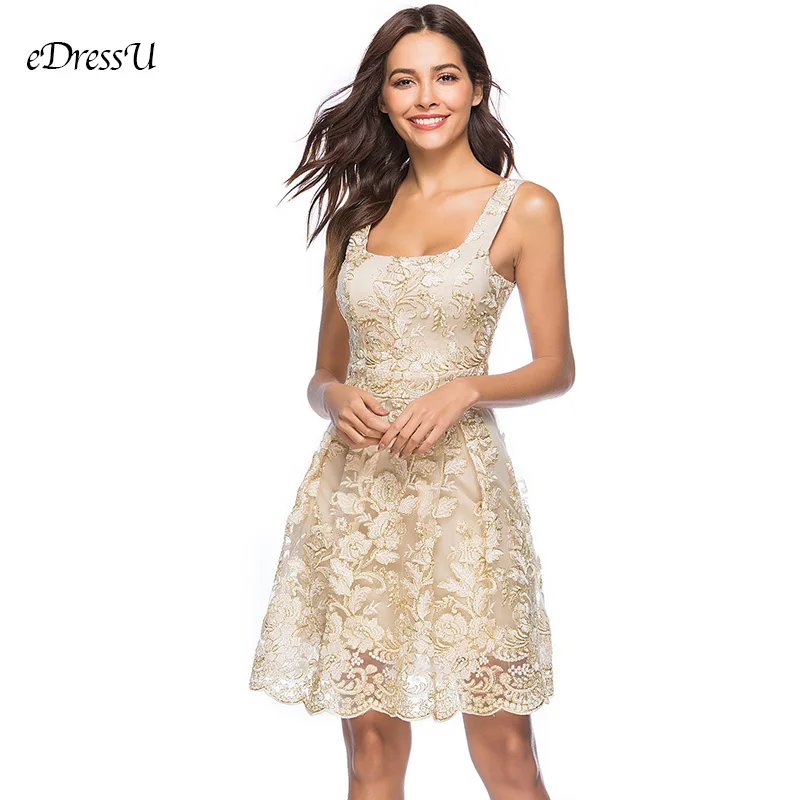 

2020 Lace Cocktail Party Dress Gold Emboridery Prom Dress Homecoming Dress Elegant A line Formal Dress YMK-A2205