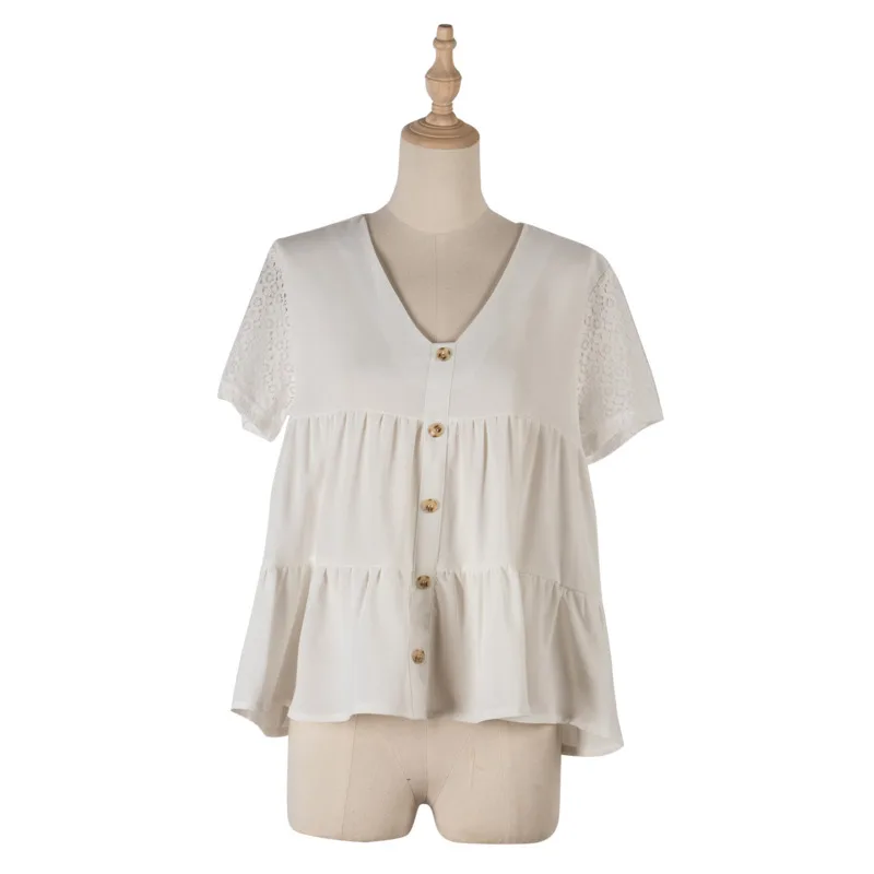 

Sexy T Shirt V-neck Lace Sleeve Button Women Blouses Fashion 2021 Summer Short Sleeve Pleated Tops Female Solid Casual Blouse