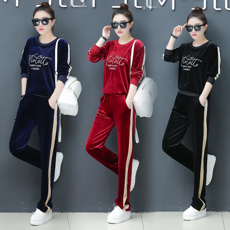 Осенние бархатные спортивные костюмы женские велюровые толстовки с буквенным