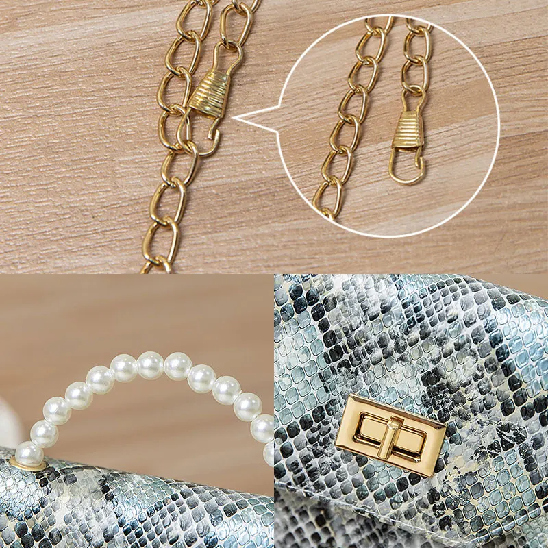 

2021 Fashion Snake Pattern Women Bags Pearl Handle Shoulder Bag Diagonal Women Bag Chain Animal Pattern Buckle Small Square Bag