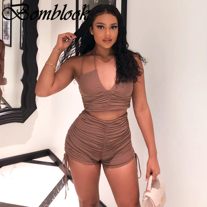 

Bomblook Sexy Party Club Women's Suit Summer 2021 Solid Halter Backless Crop Top Drawstring Shorts Set Vetement Femme Streetwear