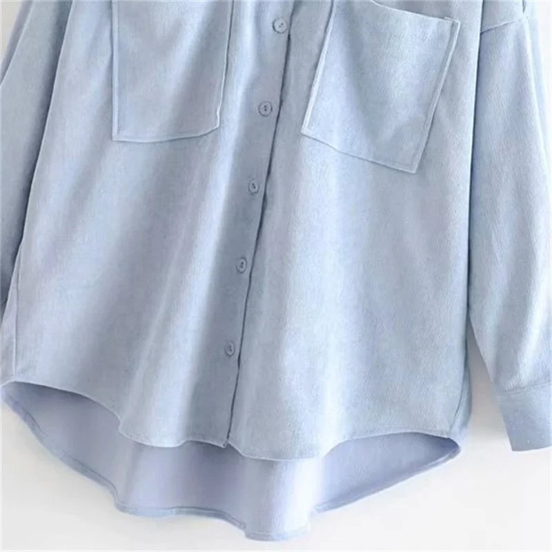 

ZXQJ Women 2020 Fashion Corduroy With Pockets Loose Asymmetrical Blouses Vintage Long Sleeve Button-up Female Shirts Chic Tops