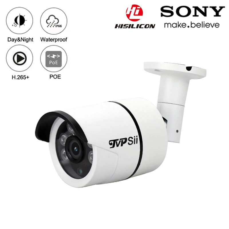 Шесть светодиодов водонепроницаемый IP66 Металл 5MP/3MP Hi3516D H.265+ 25Fps аудио POE безопасность Onvif наблюдения IP камера