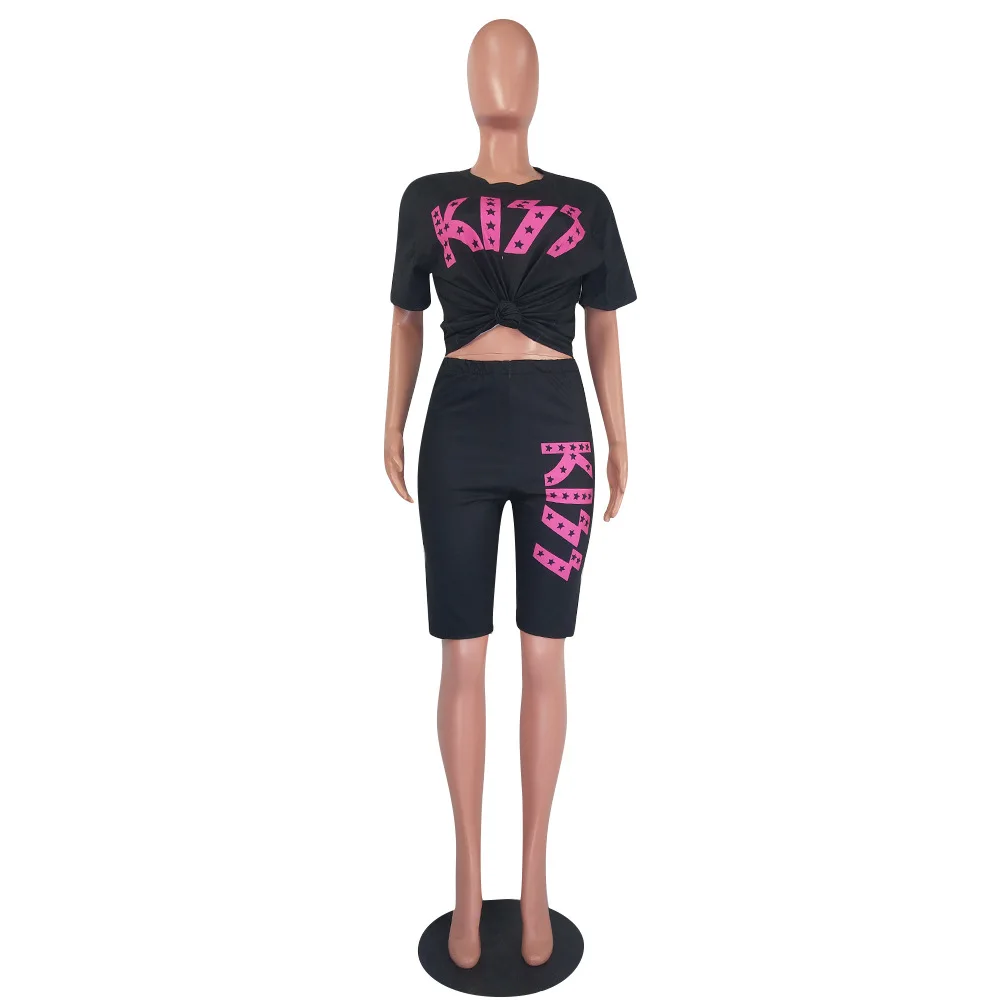 

star letter print casual home women 2 piece outfits short sleeve cotton t shirt + high waisted biker shorts street club sets