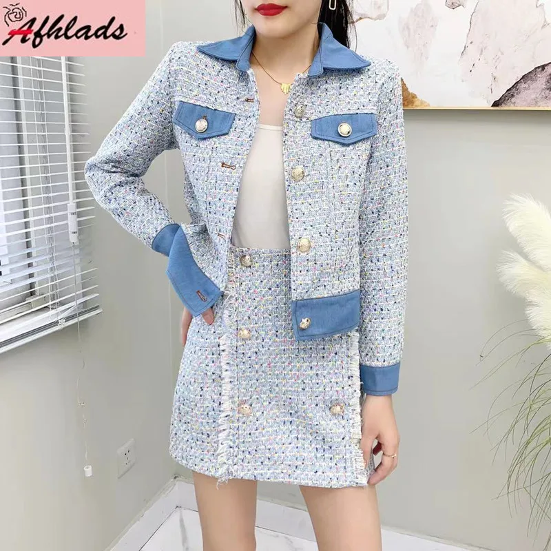 

Autumn New Outfits Small Fragrance Office Lady Female Fashion Single-Breasted Jacket + High Waist Bodycon Skirts Two-Piece Sets
