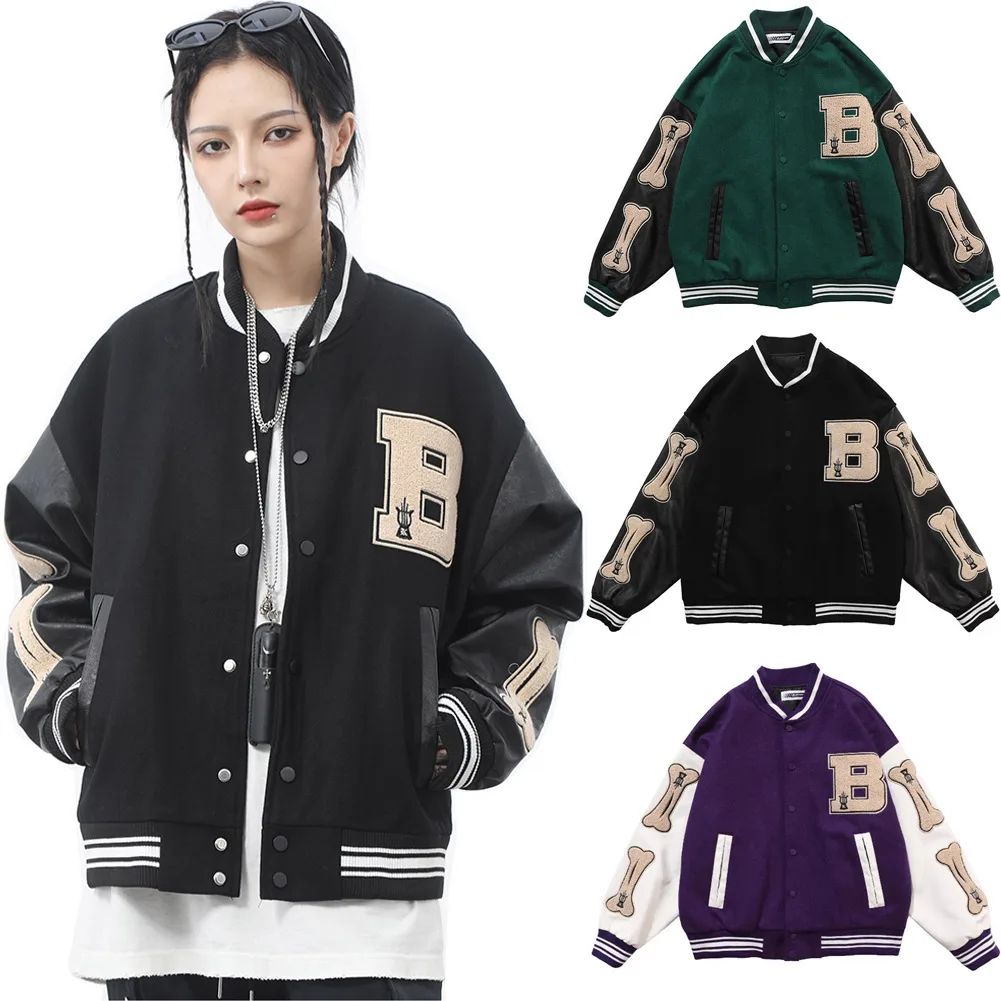 

2021 Hip Hop Mens Baseball Jackets Furry Bone Patchwork Color Block Jackets Women Harajuku College Style Bomber Baseball Coats