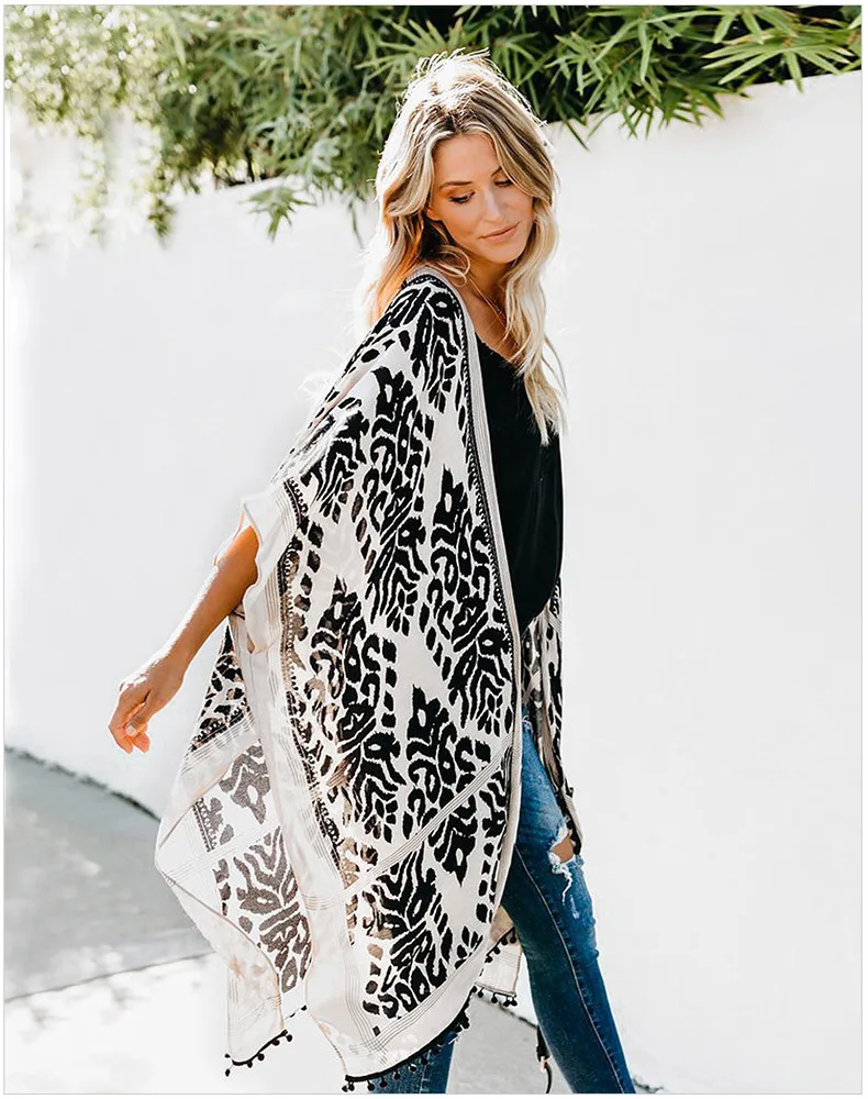 

Women Kimono Cardigan Boho Bikini Cover-ups Beach Wear Bohemian Printed V-neck Blouse Bathing Suit Cover Up Shirt Lady Vacation