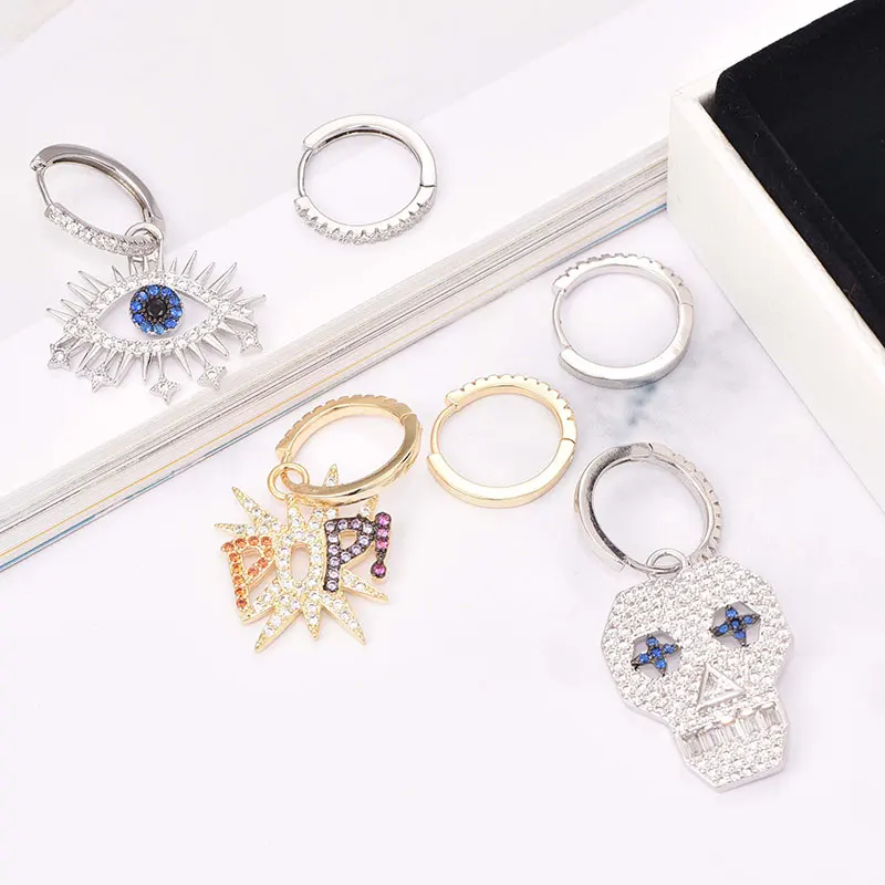 Top Quality New Fashion Eye Skull Dinosaur Asymmetry Hoop Earrings for Women Wedding Zirconia Jewelry