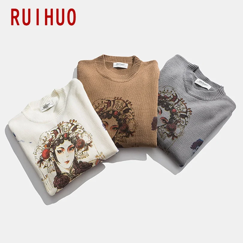 

RUIHUO Chinese Beauty Knitted Sweater Men Clothing Harajuku Sweaters Pullover Men Sweater Fashion Mens Clothes M-2XL 2021 Spring