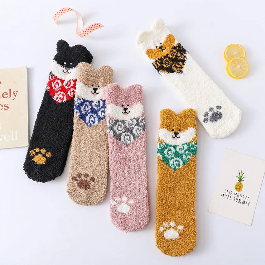 

Three-dimensional Coral Fleece Socks Beautifully Embroidered Puppy Cartoon Retro National Wind Winter Warm Home Cotton Socks