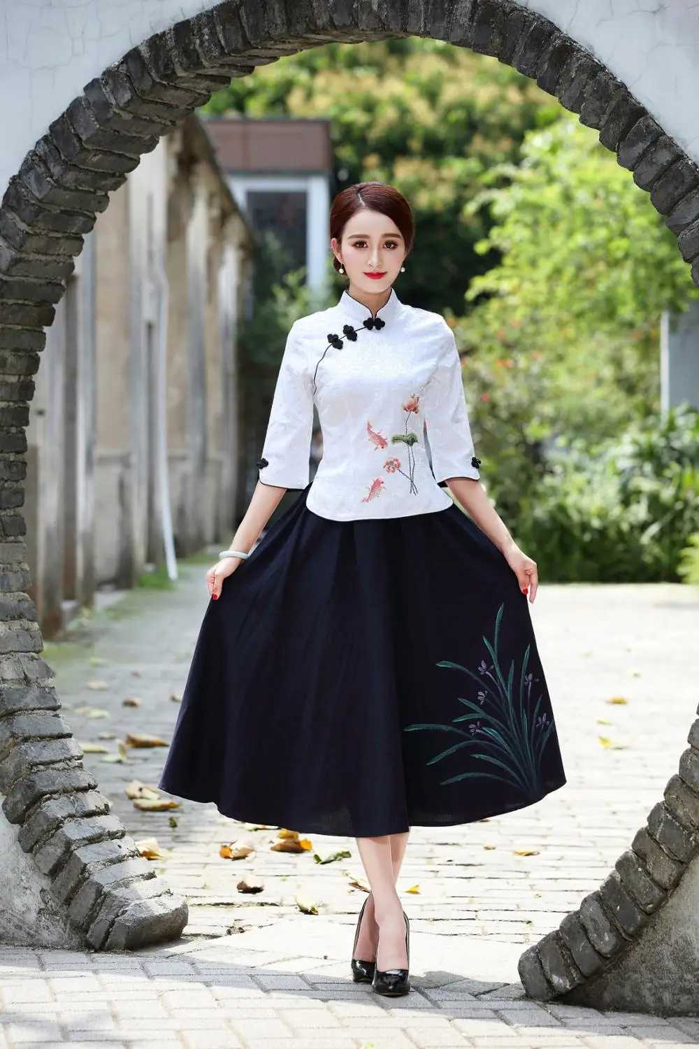 Женское платье-рубашка с коротким рукавом cheongsam hanfu китайский костюм из двух