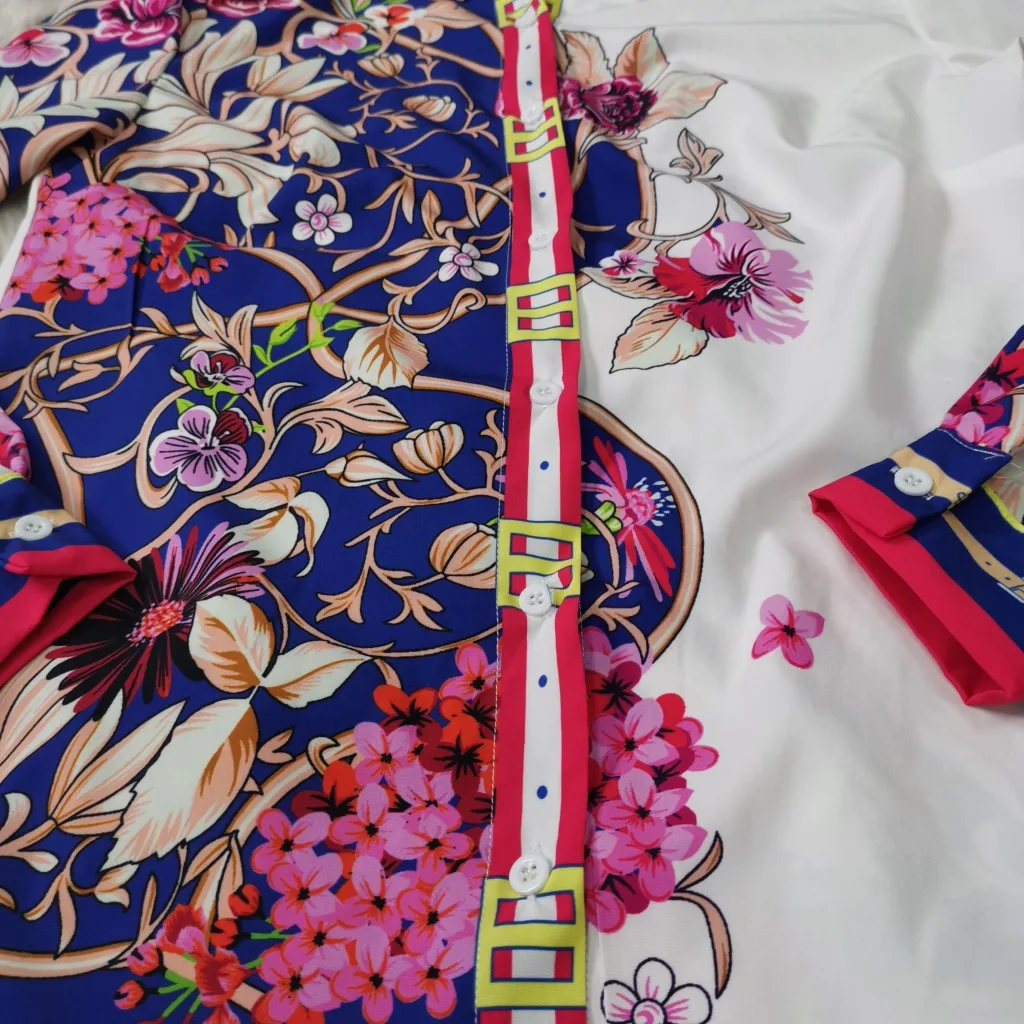 

Flower Print Plus Size Two-Piece Suit 2021 New Womens Lapel Long-Sleeved Top And Trousers With Buttons Fashion High-Quality Suit