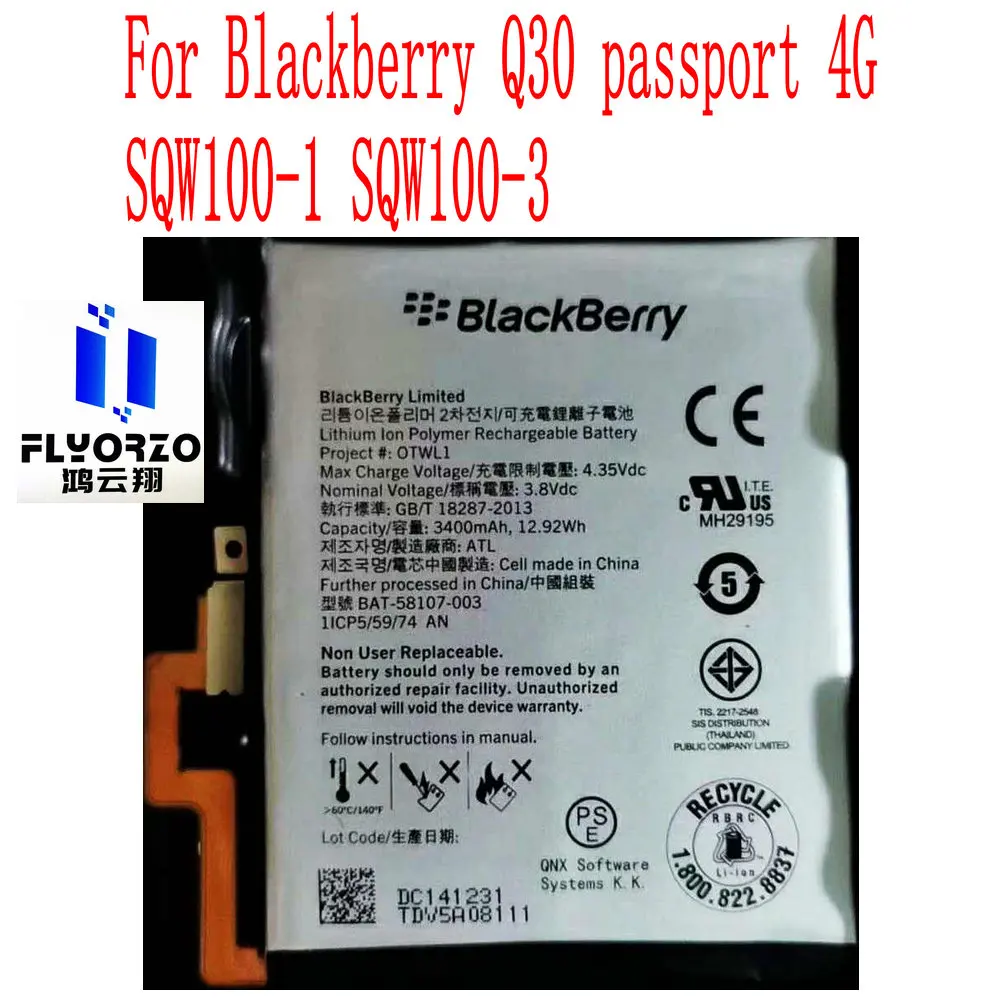 Абсолютно новый оригинальный аккумулятор 3400mAh BAT 58107 003 для Blackberry Q30 passport 4G SQW100 1 3