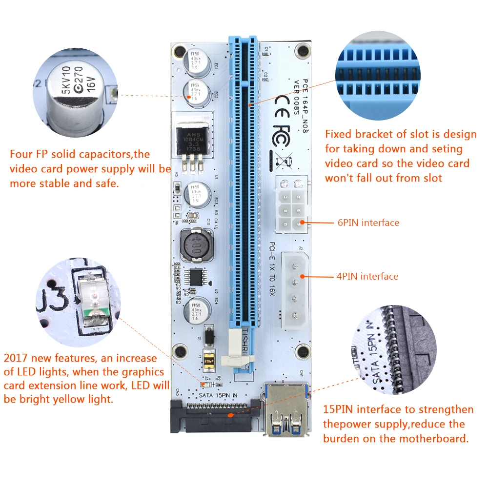 Плата расширения TISHRIC PCI Express 4/6/15 Pin интерфейс карта VER 008S адаптер 1X к 16X USB3.0 3 в 1