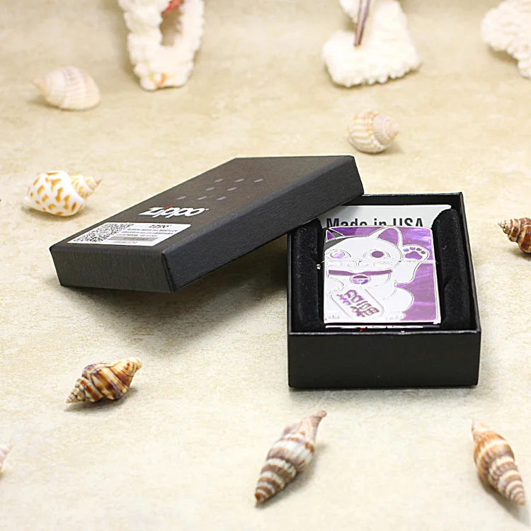 

Genuine Zippo oil lighter copper windproof Purple shell cat cigarette Kerosene lighters Gift With anti-counterfeiting code
