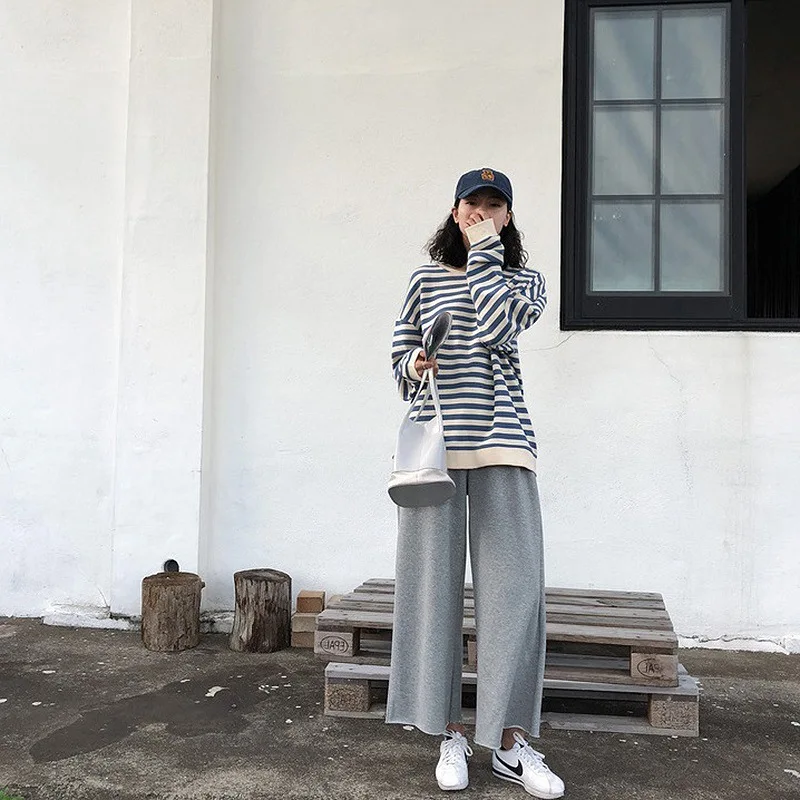 Cotton Sweatshirt Women Autumn Korean style Clothes Stripe Print Tops Long sleeve Loose Casual Sweetshirt Streetwear Sweat Shirt
