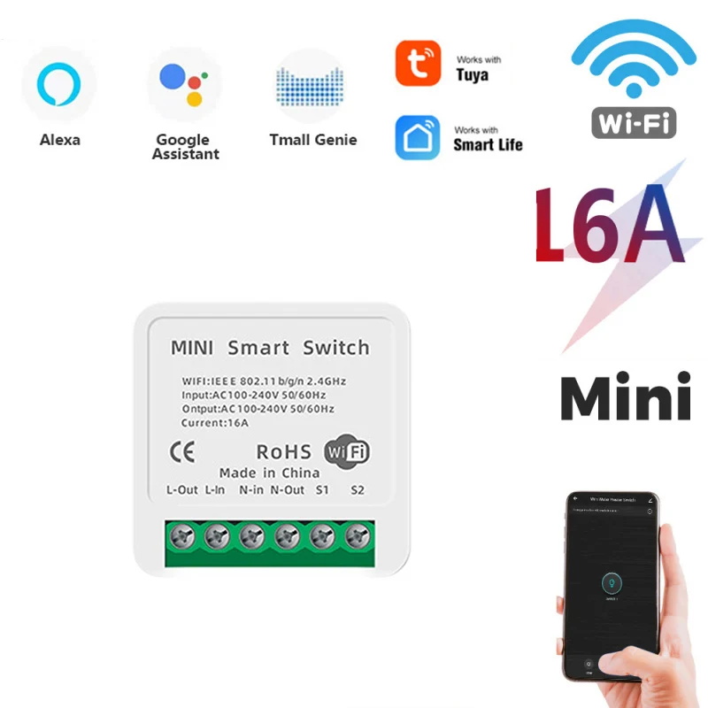 Interruptor de Luz Funciona com Alexa Mini Wifi Inteligente Faça Você Mesmo Disjuntor Módulo Vida – Tuya App Controle Remoto Google Casa 2 Vias 2.4ghz 16a