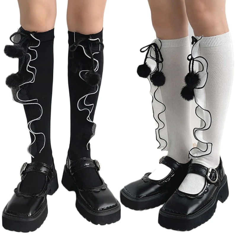 

2022 New Sweet Girl Lolita Knee High Socks Ribbed Ruffled Stitching Bow Women Stockings