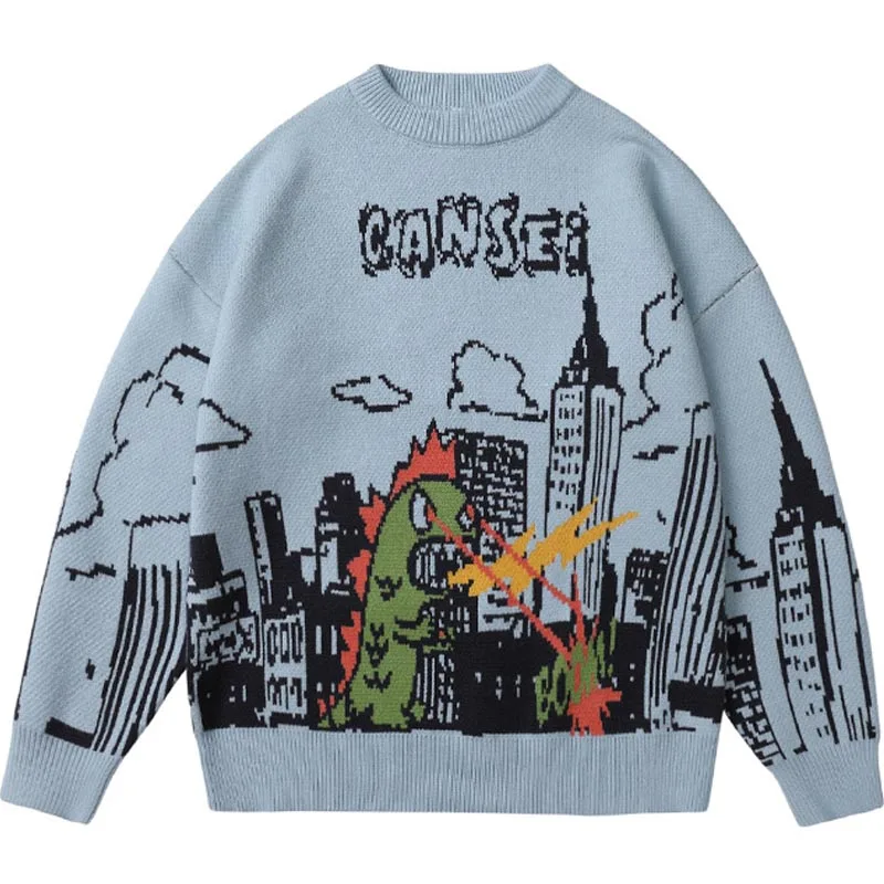 

Жаккардовые свитера в стиле хип-хоп с мультяшным монстром, мужской осенний винтажный вязаный пуловер в стиле Харадзюку для ленивых пар, сво...