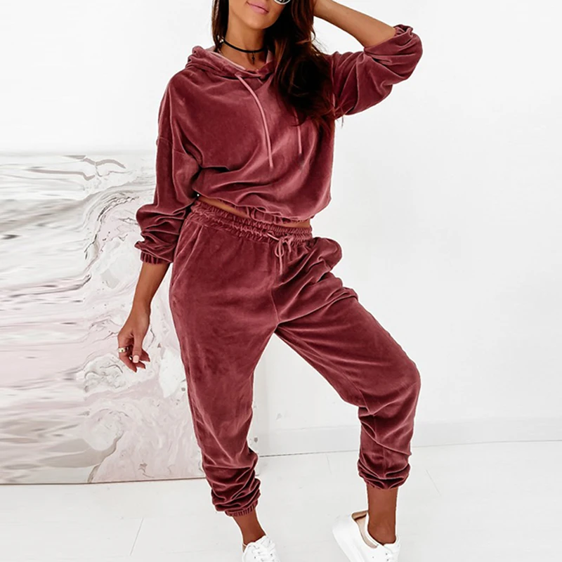 

Однотонный бархатный свитшот с длинным рукавом, спортивный костюм, Осень-зима 2021, топ с капюшоном и брюки с эластичным поясом, наряд, Женский...