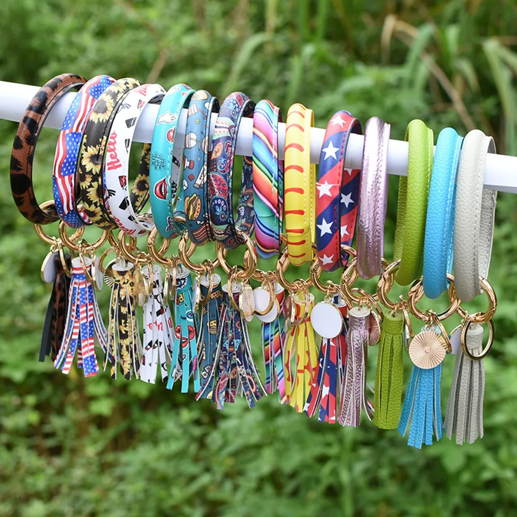 Модный тренд большой кожаный браслет круглый брелок с кисточками кольцо