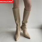 Женские сапоги из натуральной кожи MORAZORA, черные сапоги до колена, с острым носком, на высоком каблуке, зимний сезон 2019