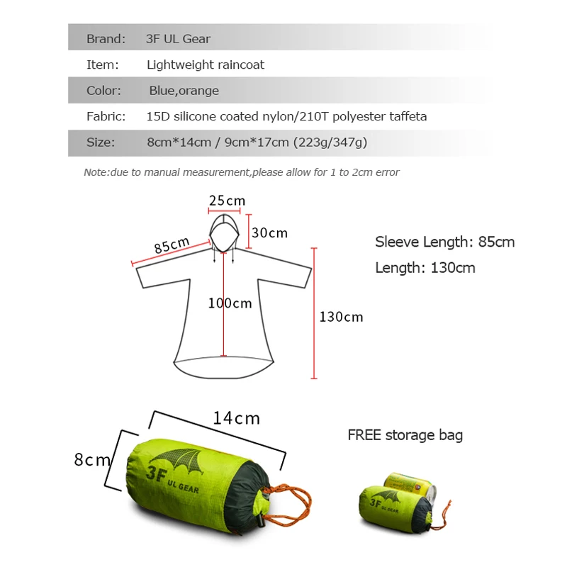3F UL Шестерни на открытом воздухе легкий шарф с длинным рукавом дождя пончо куртка