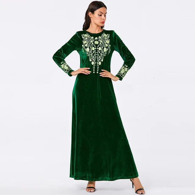 green dress Теплый кафтан бархат abaya Дубай скромные Модные женские мусульманское длинное платье для девочки длинное зима осень темно-синий плюс размер abaya t хиджаб Халат - Цвет: green dress