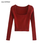 Сезон весна-осень; Женские открытые туфли красного цвета, свитер с длинным рукавом с квадратным вырезом свитер Тонкий Повседневный пуловер женские Трикотаж Топ