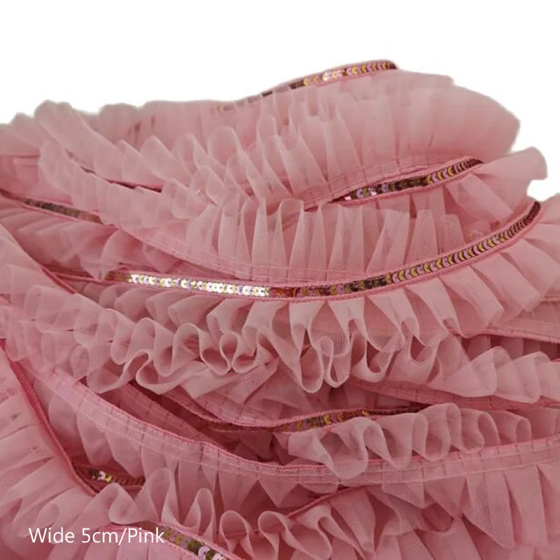 

5CM Wide HOT Embroidery pink sequin flower lace fabric trim ribbon DIY sewing applique collar Women dress wedding guipure decor