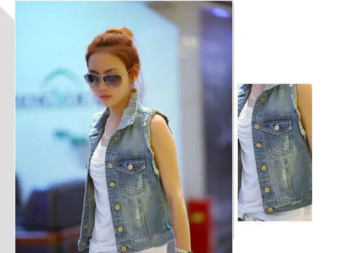 

Denim Vest Women Vintage Cardigan Jean Sleeveless Turn-down Collar Breasted Vests Jacket Casual Colete Coat