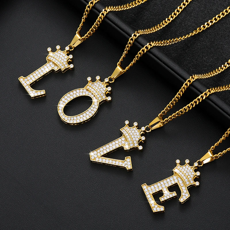 ?? 卸売A-Zアルファベット銘板ネックレス男性ペンダントジュエリーアクセサリークラウンジルコンアルファベットネックレス女性のためのヒップホップ