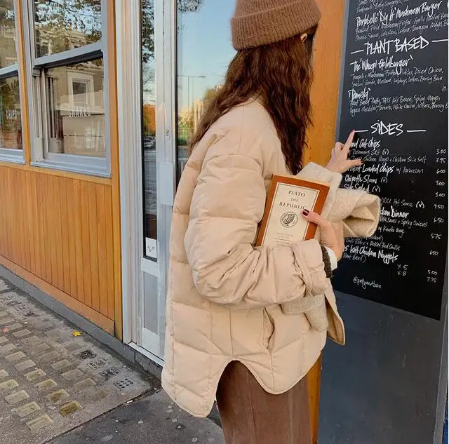 

Qooth2020 New Autumn Winter Korean Casual Overcoat Harajuku Female Jacket Loose Coats Thickening Warm Cotton Solid Outwear QT301