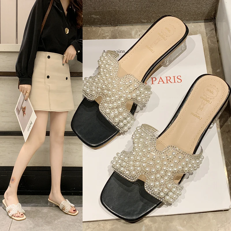 

Women's slippers outside Summer New Fashion Beaded Skin Comfortable Low Inside With Elegant Sweet Casual Wild Sandals U30-42