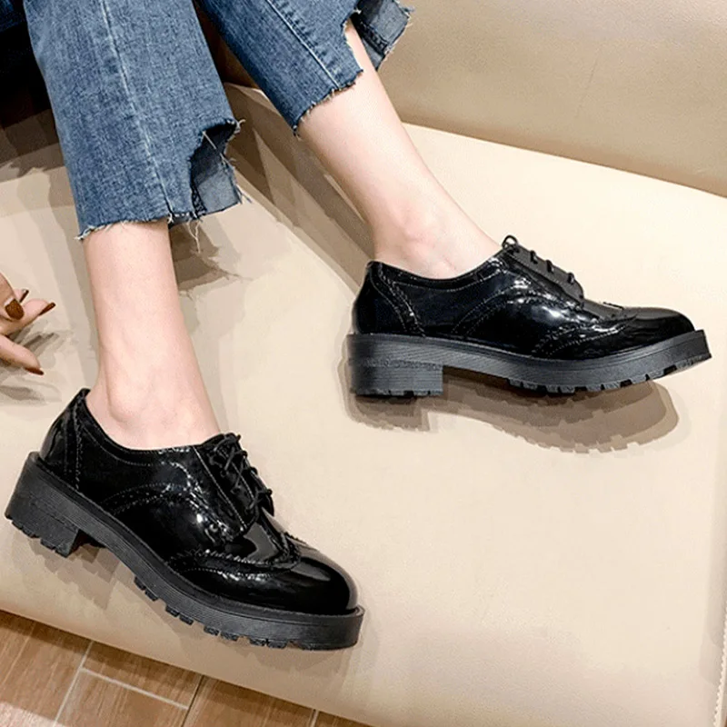 

Wowen Single Shoes British Style Pu Lace Up Round Toe Flat Casual Ladies Shallow Non Slip Fashion Female 2021 New Spring Autumu