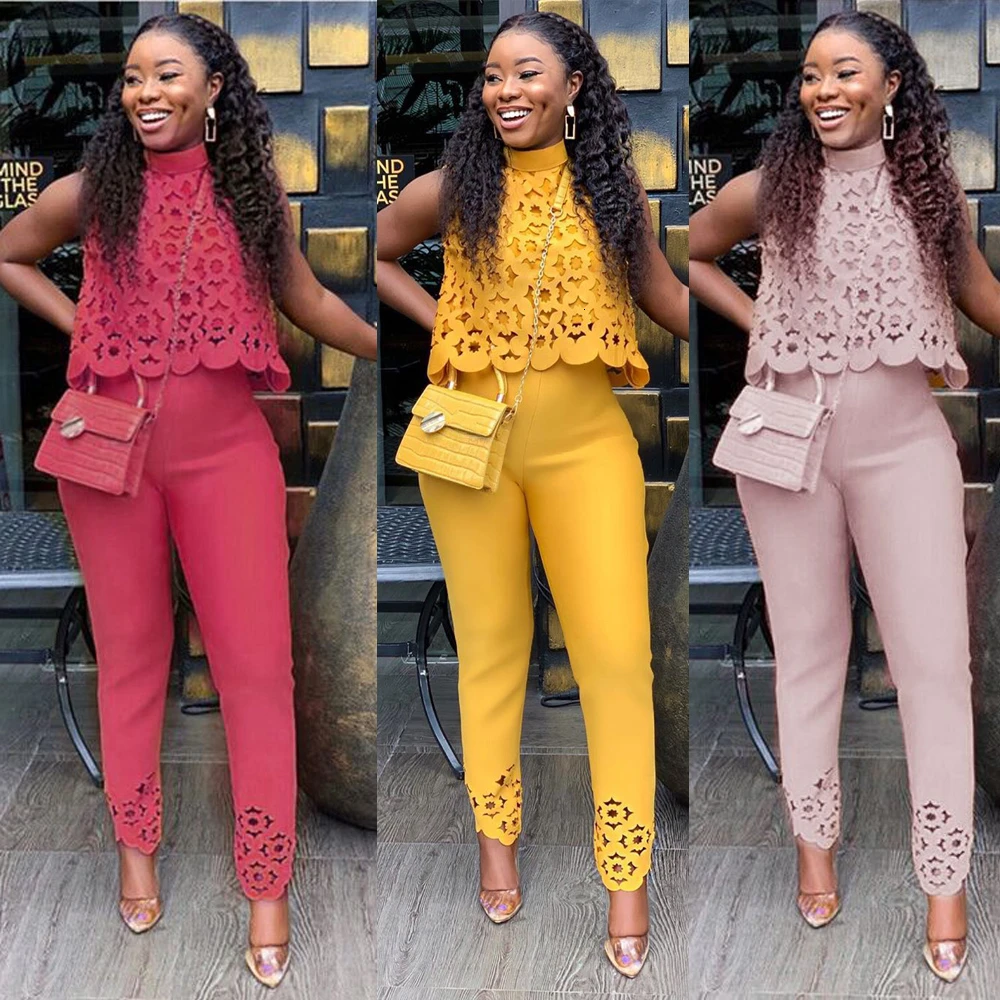 Лето осень Женский комплект из двух предметов кружевной топ с вырезами и штаны