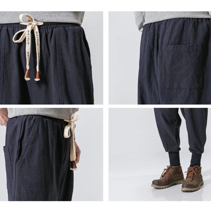 

Men Cotton & Linen Casual Pants Mens Jogger Pants Drawstring Elastic Waist Chinese Style Loose Harem Pants Ankle Length Trousers