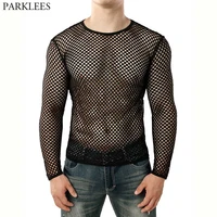 mens transparent sexy mesh t shirt 2021 new see through fishnet long sleeve muscle undershirts nightclub party perform top tees