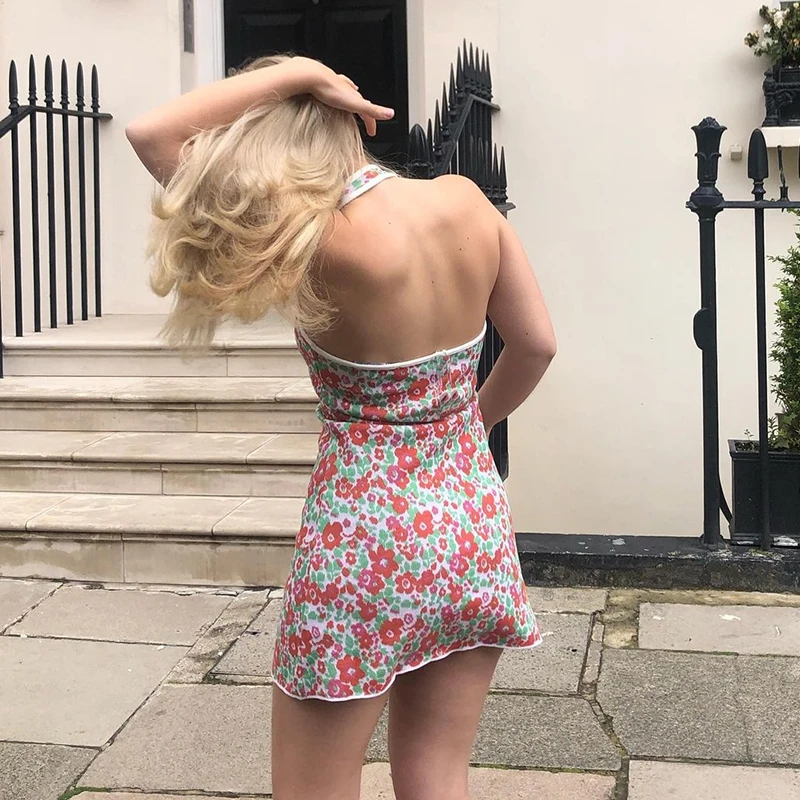 

Floral Printed Knitted Y2K Halter Dress Women Sexy Backless 2021Sleeveless Mini Sundresses Beach Style Mini Dresses Party Club