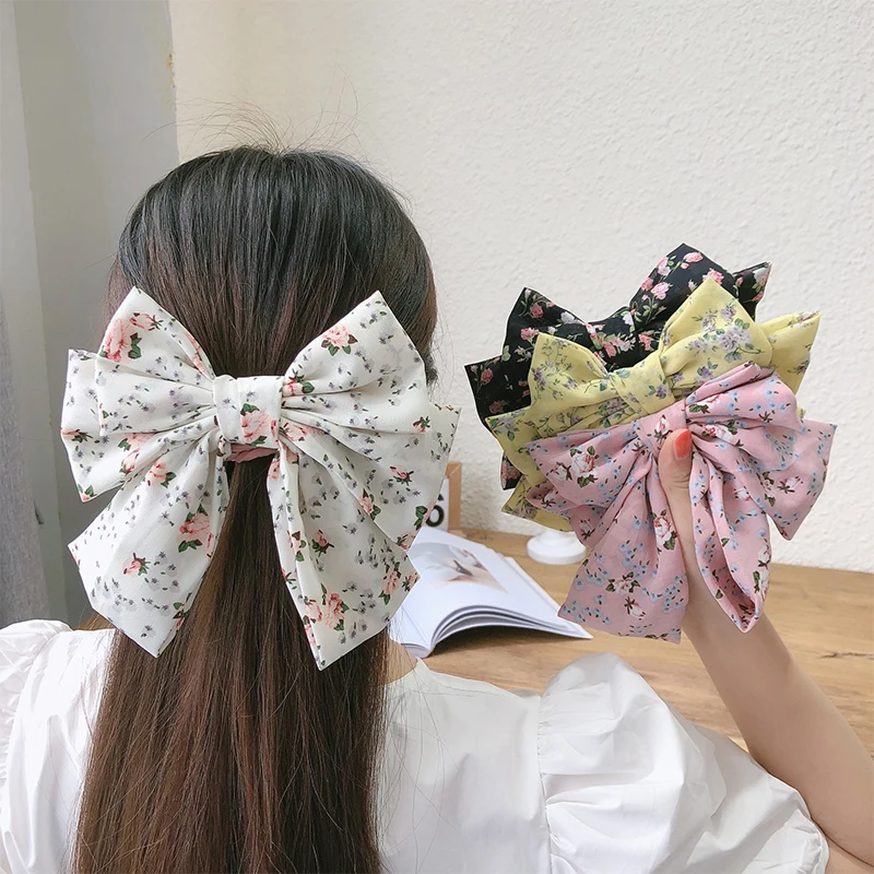 

Korean Big Bow Hairpins Floral Print Hair Clips For Girls Three Layers Bowknot Hair Clips Sweet Barrettes Girls Hair Accessories