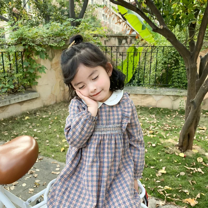 Spring New Arrival korean style cotton plaid long sleeve princess dress with letters embroidered collar for cute sweet baby girl | Детская