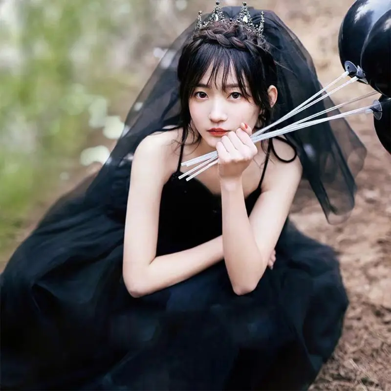 

Womens Layered Black Tulle Short Wedding Veil with Comb Halloween Cosplay Party