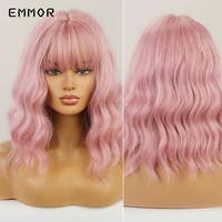 emmor natural pink color short water wave wigs for women heat resistant fiber wig with bangs cosplay lolita full false hair wig