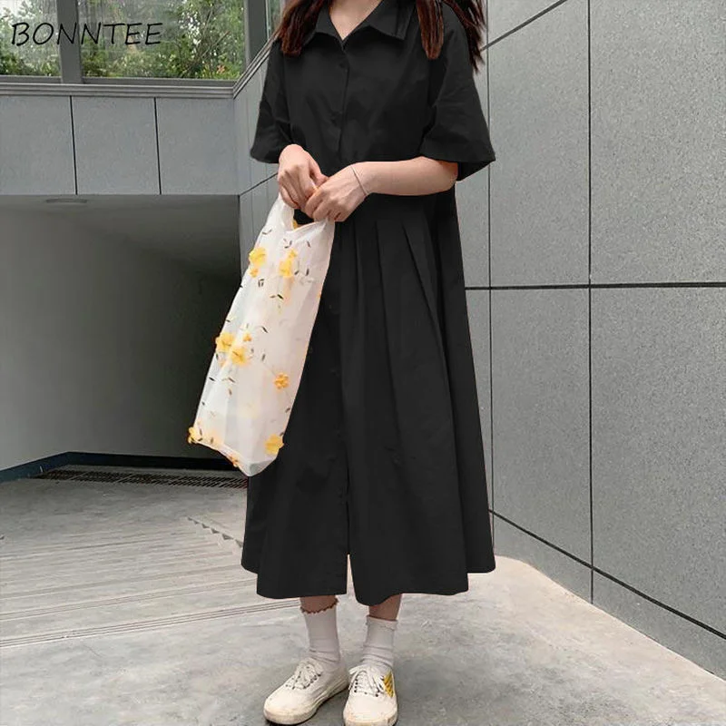 

Women Dress Preppy Sweet Simple Japanese Style Draped Mid-calf Turn-down Collar Baggy Half Sleeve Summer Casual Street Female