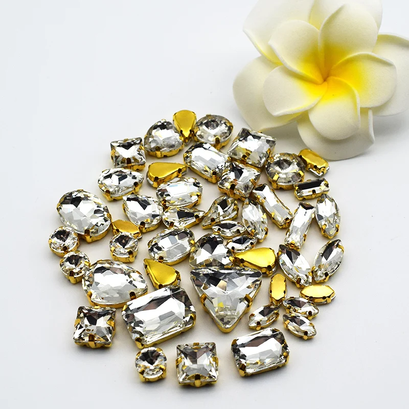 

Hot Selling Gold Claw Crystal White Mix Shape Glass Sew on Rhinestones For DIY Clothing Decoration